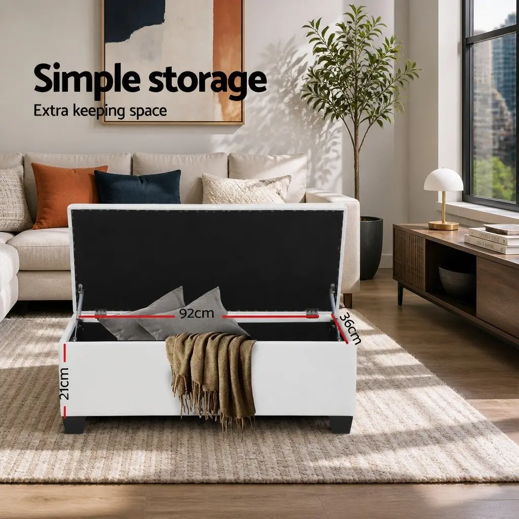 Storage Ottoman White 97cm Lift-Up Lid Faux Leather Footstool