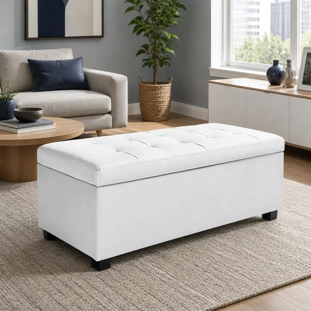 Storage Ottoman White 97cm Lift-Up Lid Faux Leather Footstool