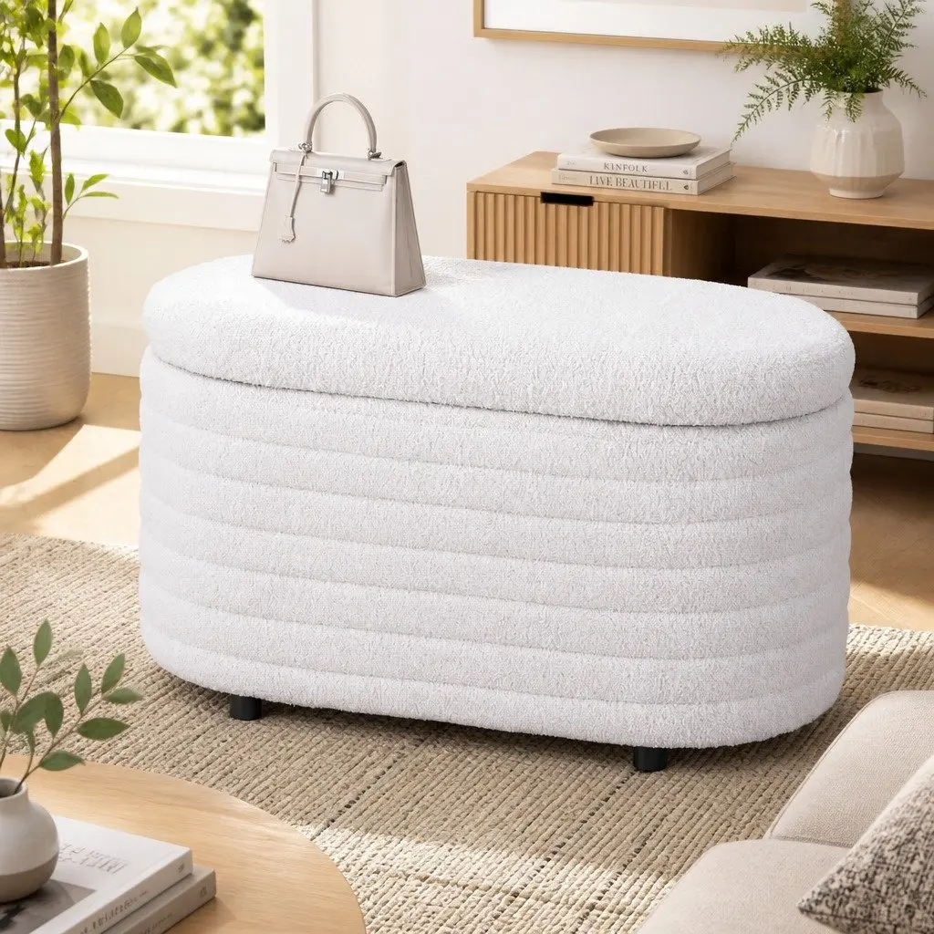 Storage Ottoman White 87cm Oval Boucle Upholstered Hinged Lid