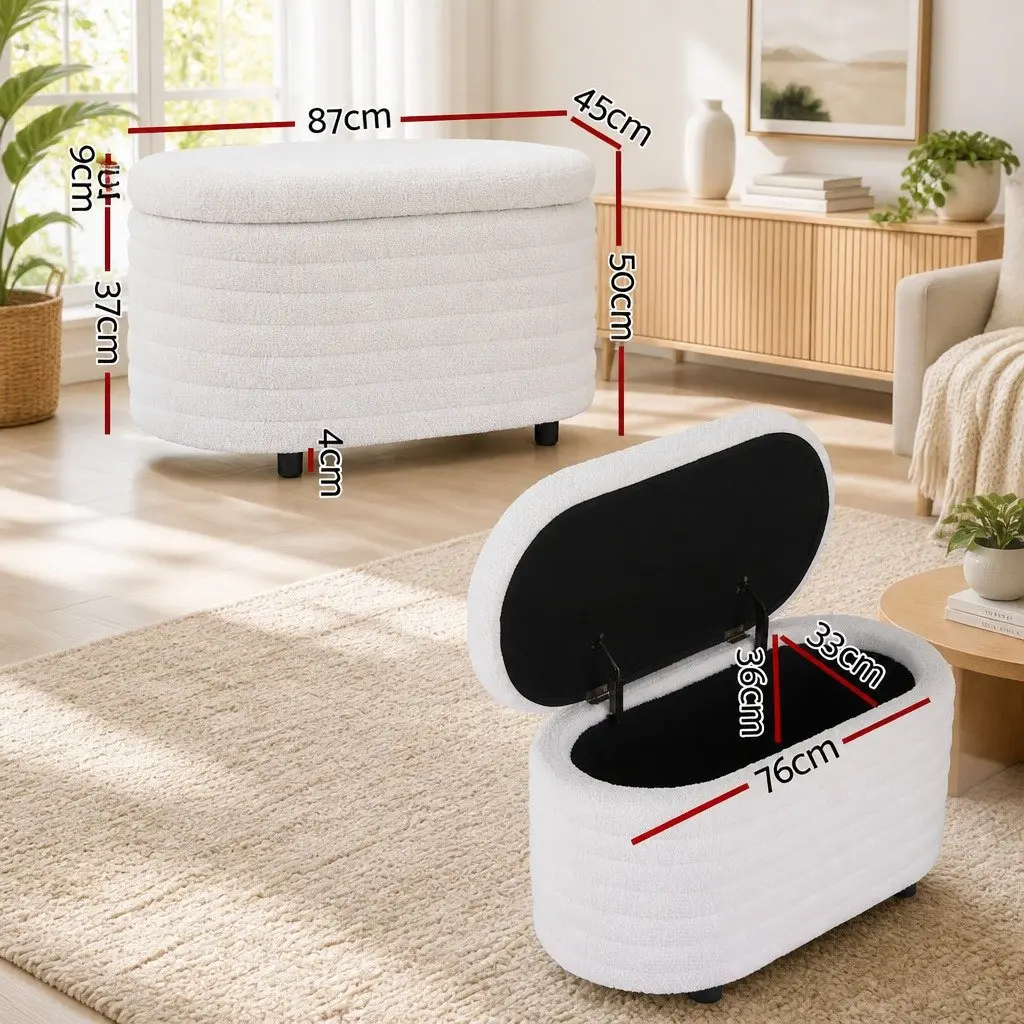 Storage Ottoman White 87cm Oval Boucle Upholstered Hinged Lid