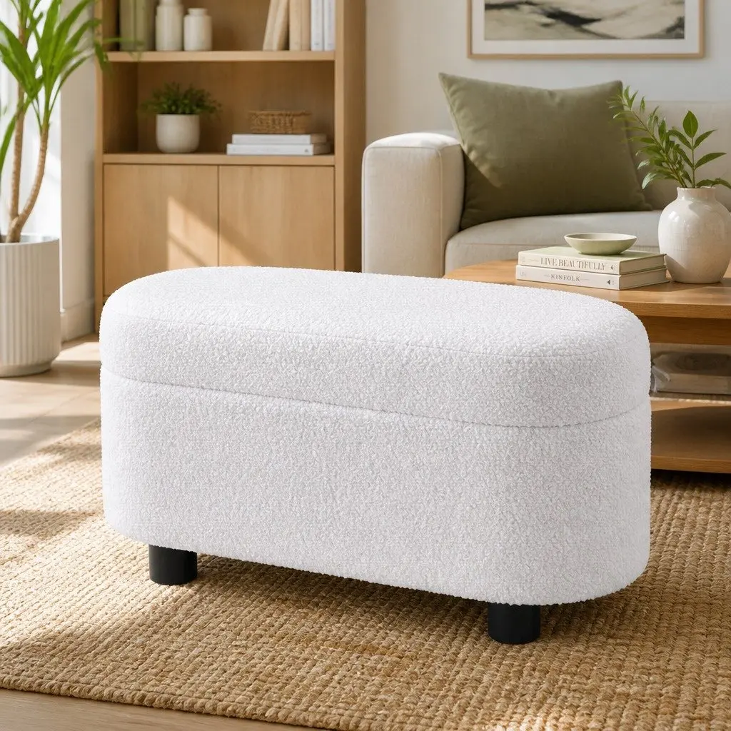 Storage Ottoman White 87cm Oval Boucle Upholstered Hinged Lid