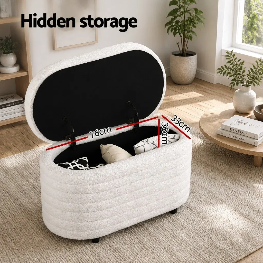 Storage Ottoman White 87cm Oval Boucle Upholstered Hinged Lid