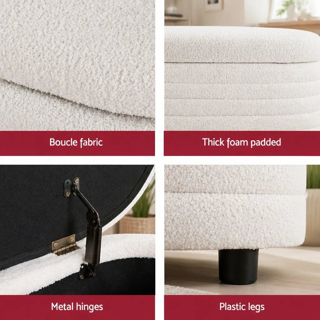 Storage Ottoman White 87cm Oval Boucle Upholstered Hinged Lid
