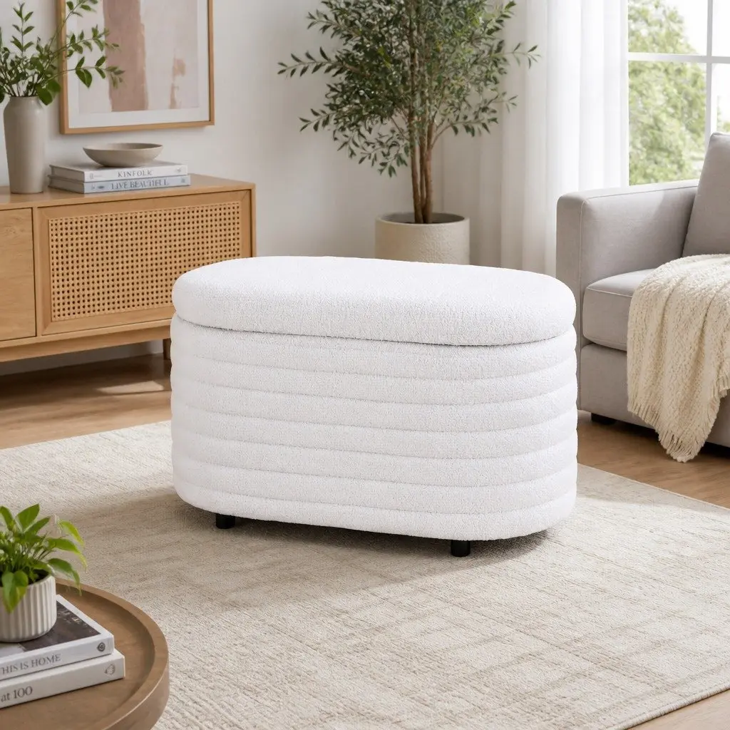Storage Ottoman White 87cm Oval Boucle Upholstered Hinged Lid