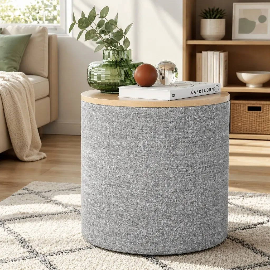 Round Storage Ottoman Grey 40cm Removable Lid Concealed Storage Space