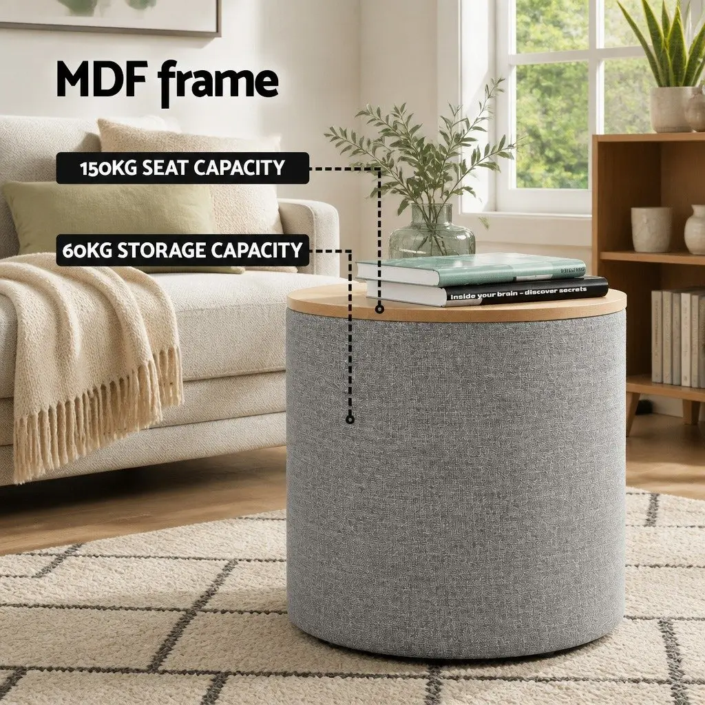 Round Storage Ottoman Grey 40cm Removable Lid Concealed Storage Space