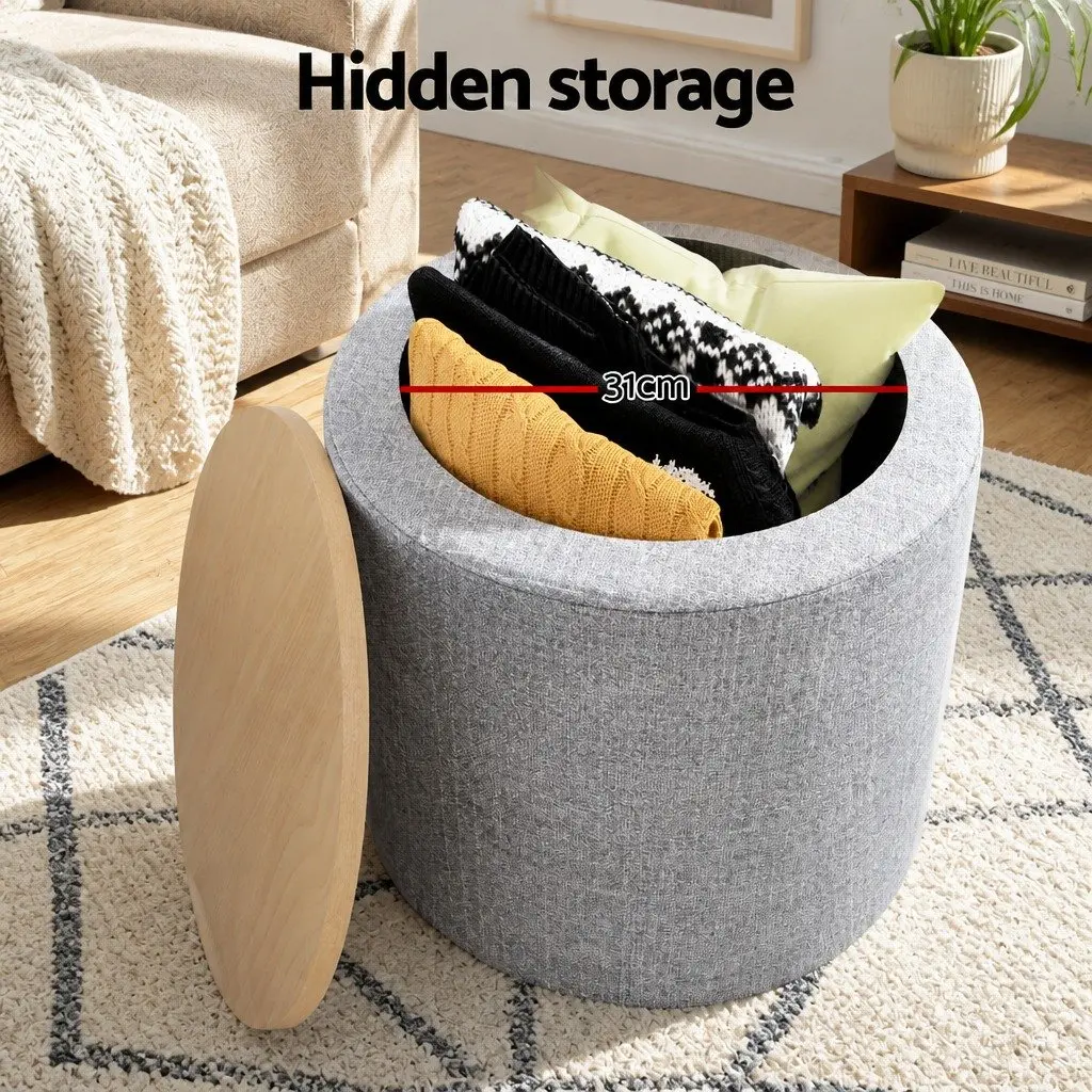 Round Storage Ottoman Grey 40cm Removable Lid Concealed Storage Space