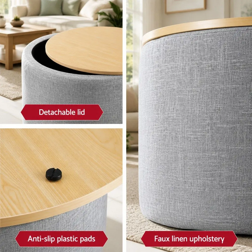 Round Storage Ottoman Grey 40cm Removable Lid Concealed Storage Space