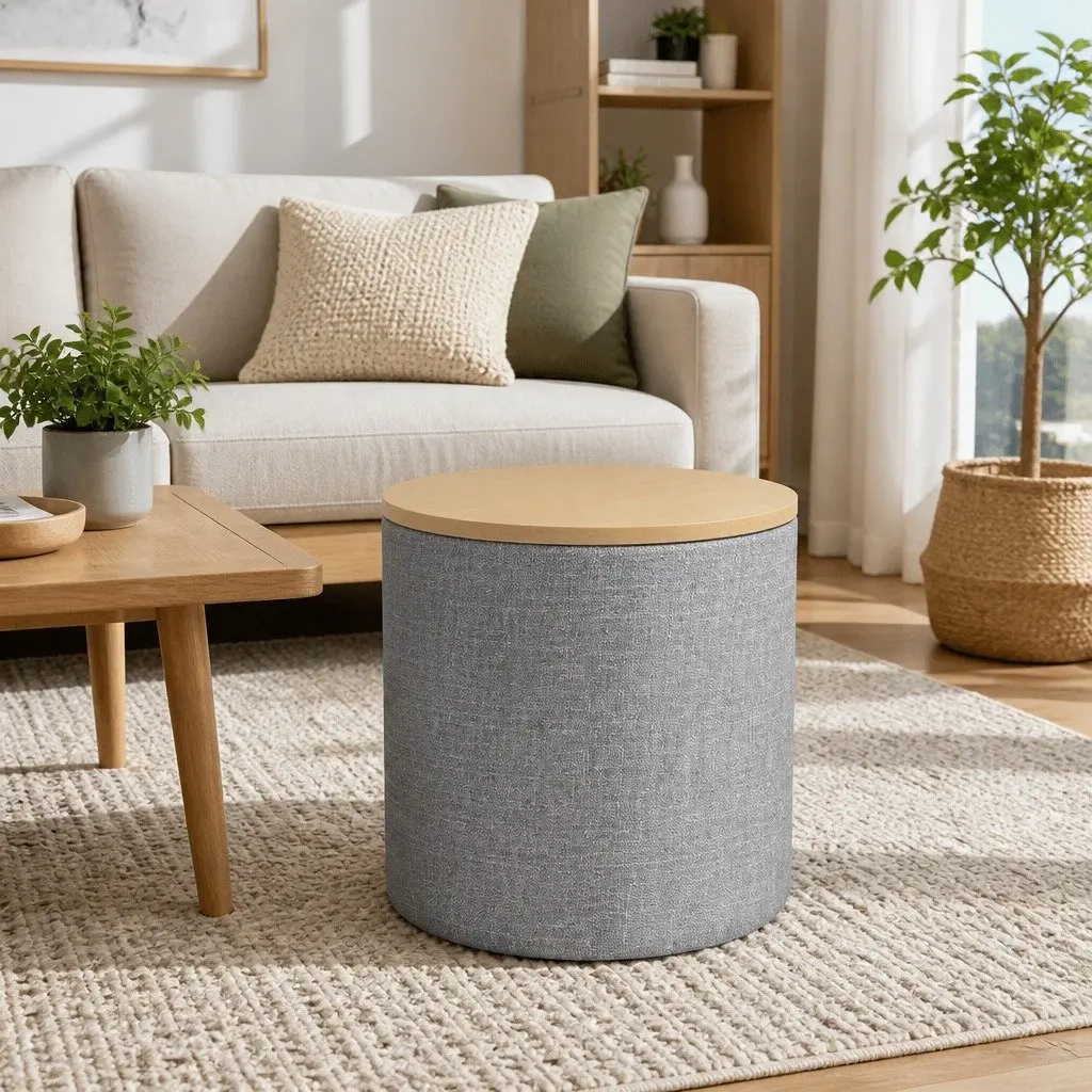 Round Storage Ottoman Grey 40cm Removable Lid Concealed Storage Space