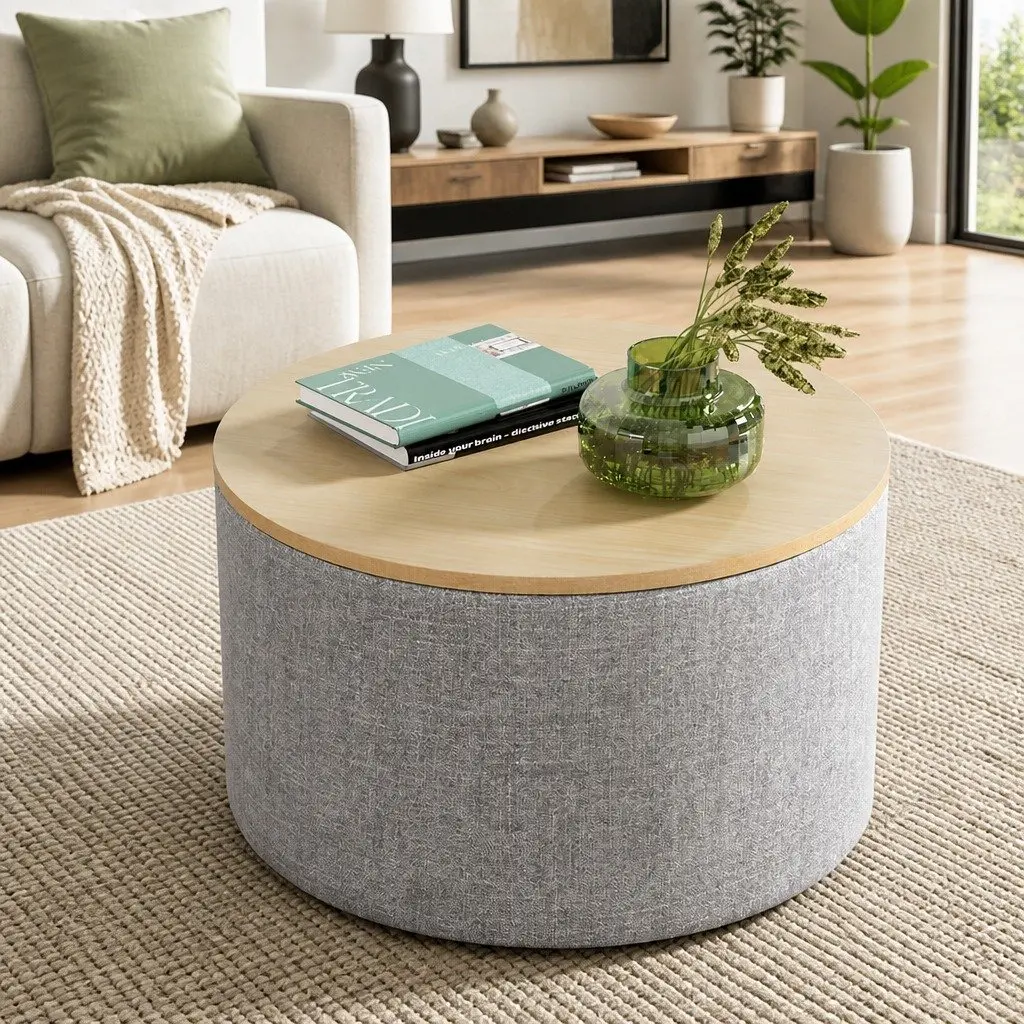 Round Storage Ottoman Grey 60cm Faux Linen Upholstered Removable Lid