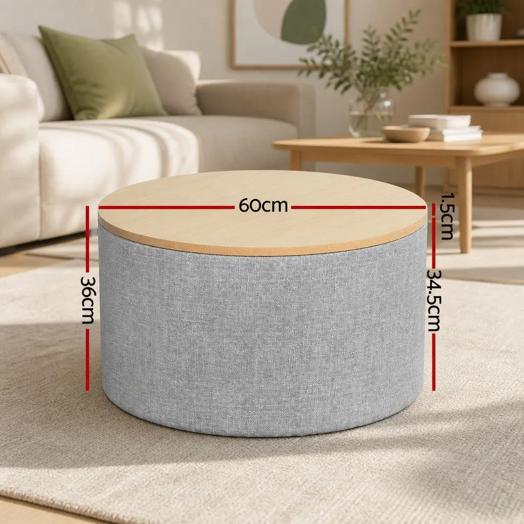 Round Storage Ottoman Grey 60cm Faux Linen Upholstered Removable Lid