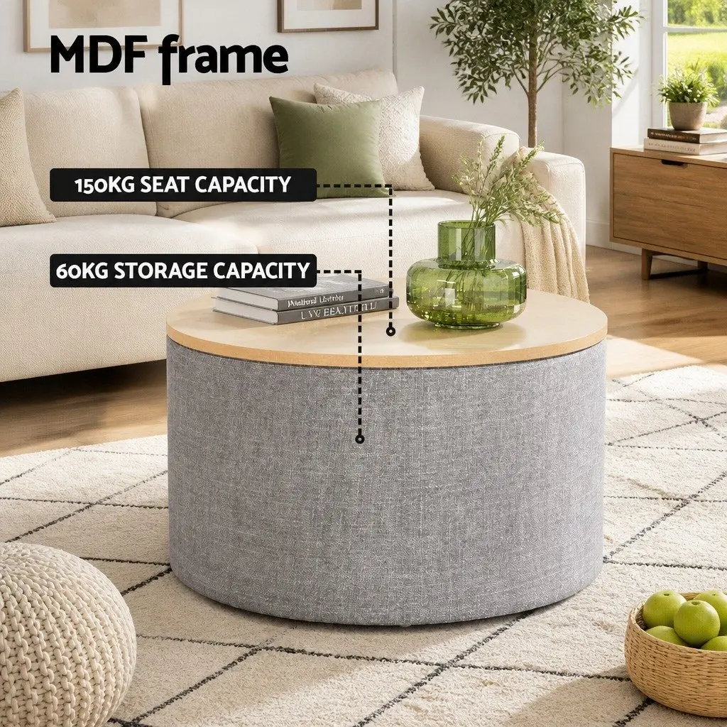 Round Storage Ottoman Grey 60cm Faux Linen Upholstered Removable Lid