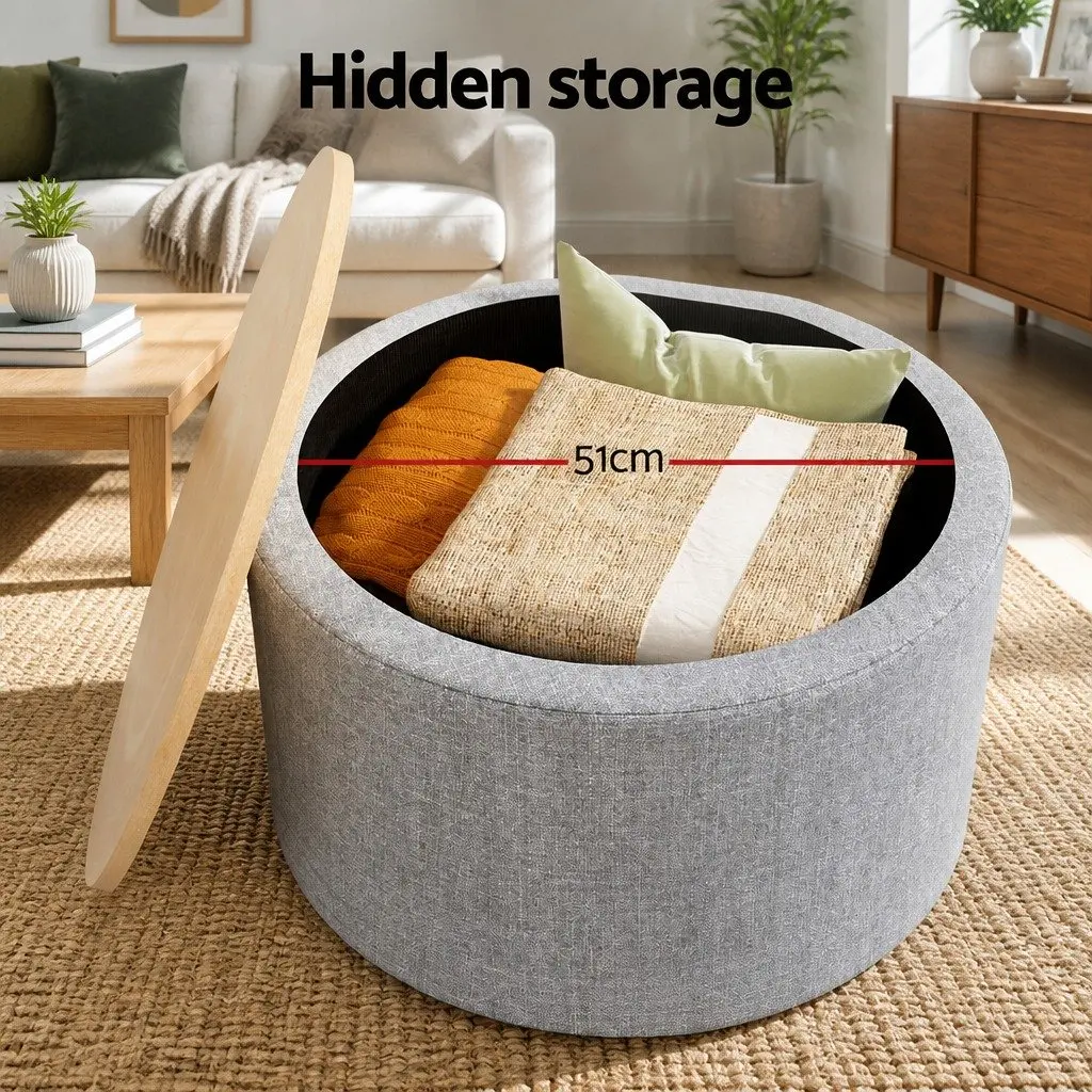 Round Storage Ottoman Grey 60cm Faux Linen Upholstered Removable Lid