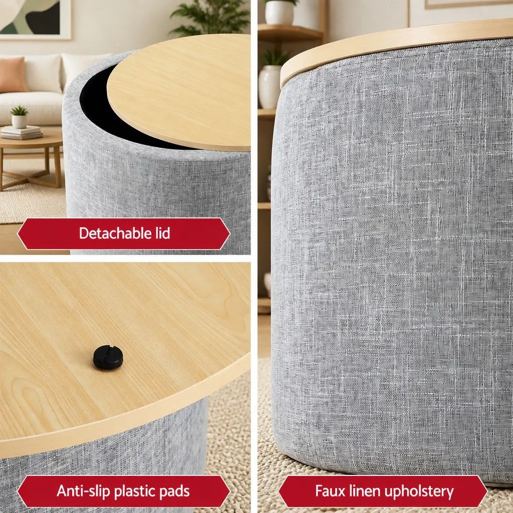 Round Storage Ottoman Grey 60cm Faux Linen Upholstered Removable Lid