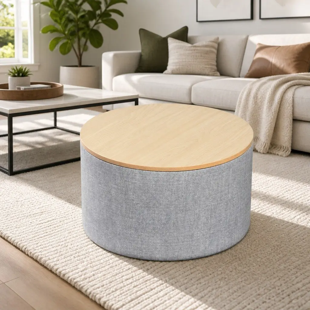 Round Storage Ottoman Grey 60cm Faux Linen Upholstered Removable Lid