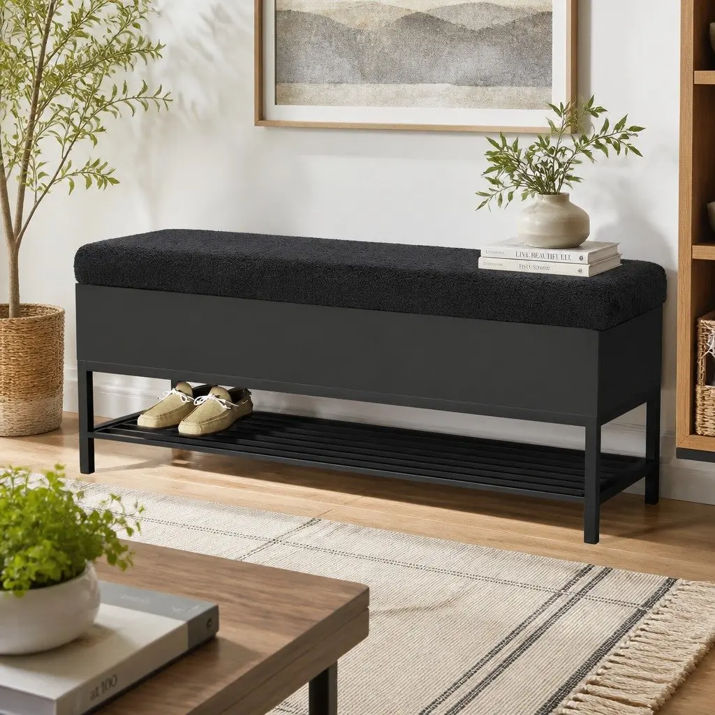 Storage Ottoman Black 110cm Boucle Upholstered Bench Open Shelf