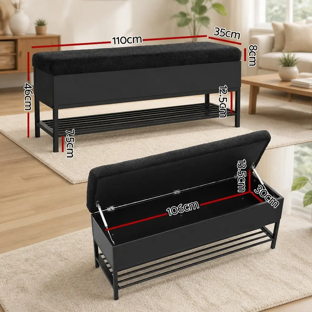 Storage Ottoman Black 110cm Boucle Upholstered Bench Open Shelf