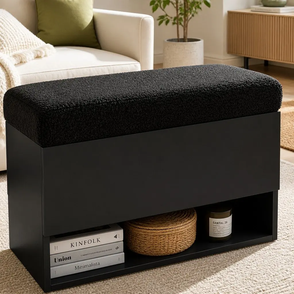 Storage Ottoman Black 110cm Boucle Upholstered Bench Open Shelf