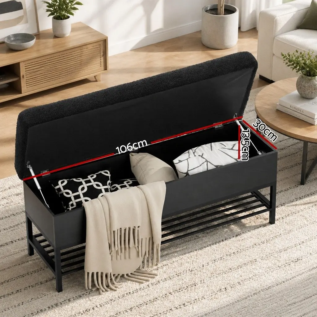 Storage Ottoman Black 110cm Boucle Upholstered Bench Open Shelf
