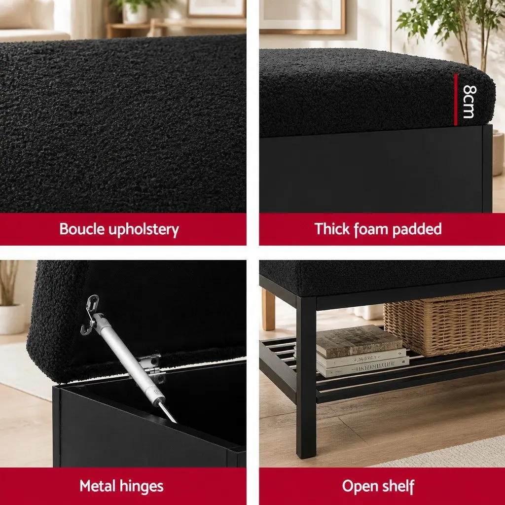 Storage Ottoman Black 110cm Boucle Upholstered Bench Open Shelf