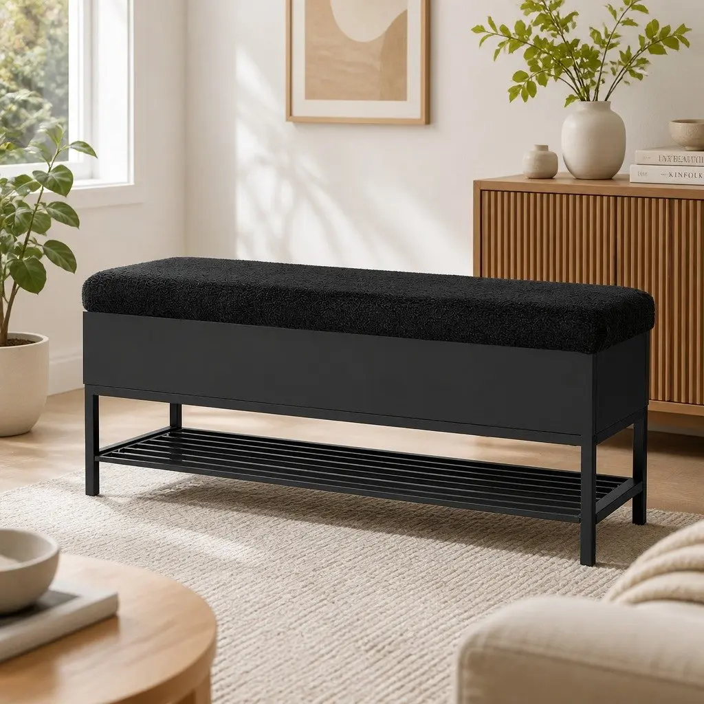 Storage Ottoman Black 110cm Boucle Upholstered Bench Open Shelf