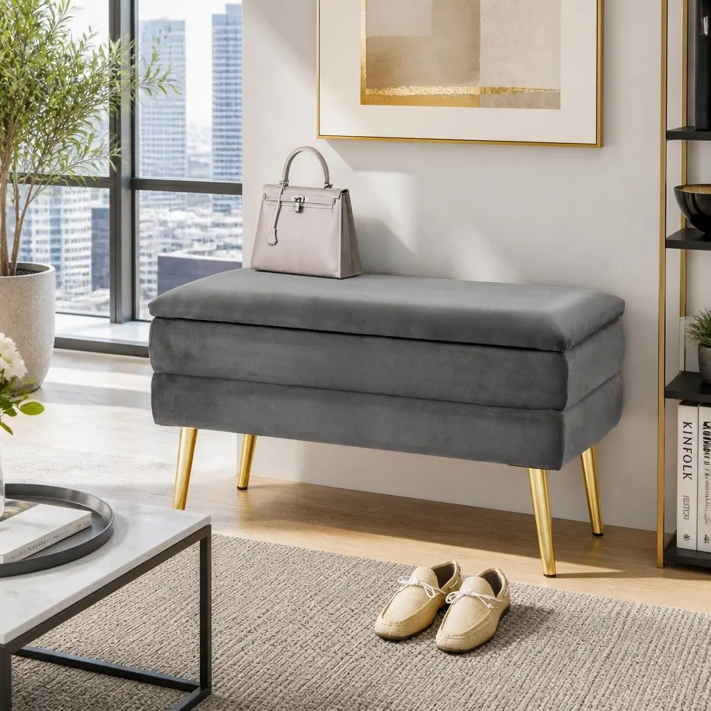 Storage Ottoman Grey Velvet Horizontal Stripe Hinged Lid Plywood Frame Metal Legs