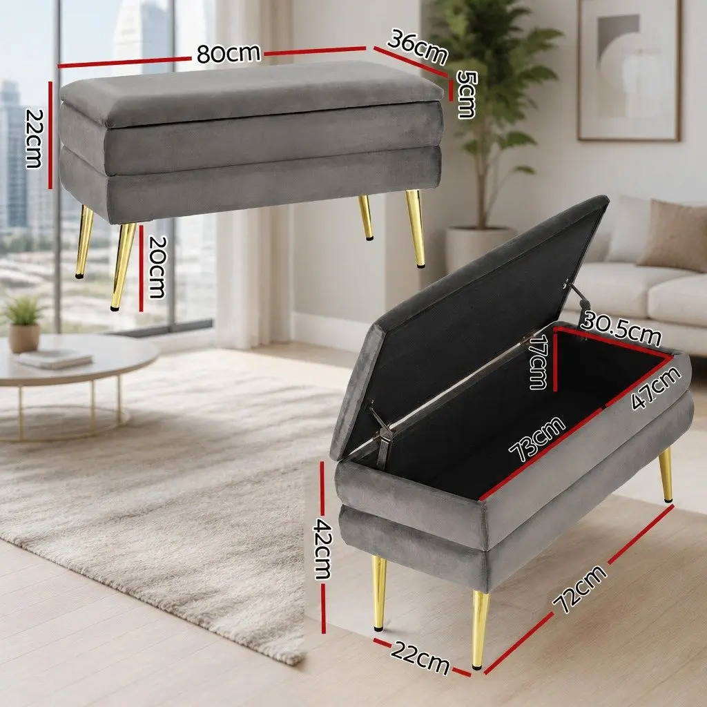 Storage Ottoman Grey Velvet Horizontal Stripe Hinged Lid Plywood Frame Metal Legs