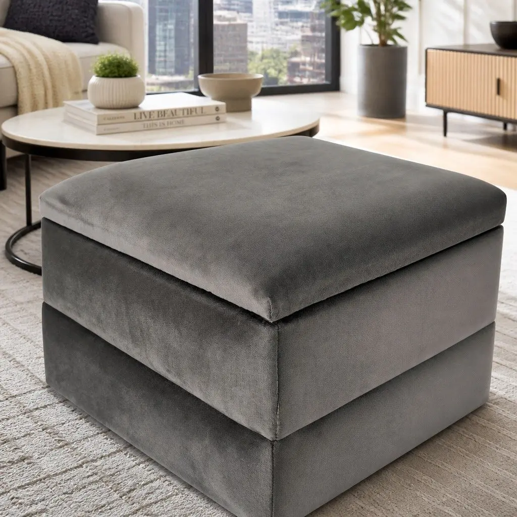 Storage Ottoman Grey Velvet Horizontal Stripe Hinged Lid Plywood Frame Metal Legs