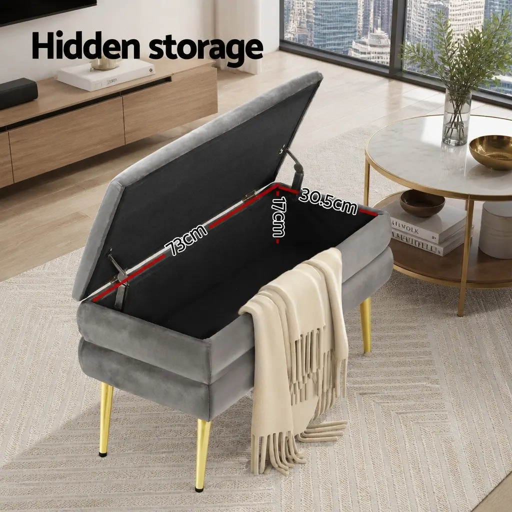 Storage Ottoman Grey Velvet Horizontal Stripe Hinged Lid Plywood Frame Metal Legs