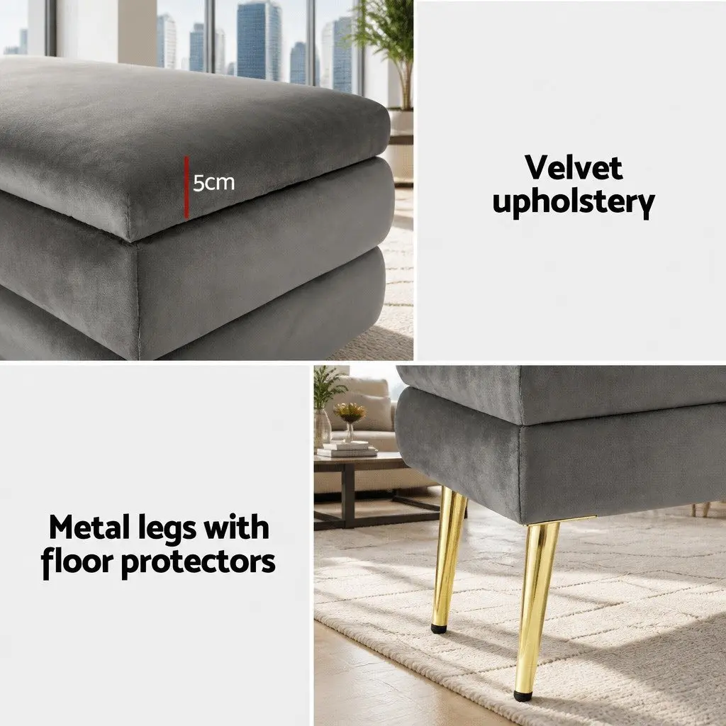 Storage Ottoman Grey Velvet Horizontal Stripe Hinged Lid Plywood Frame Metal Legs