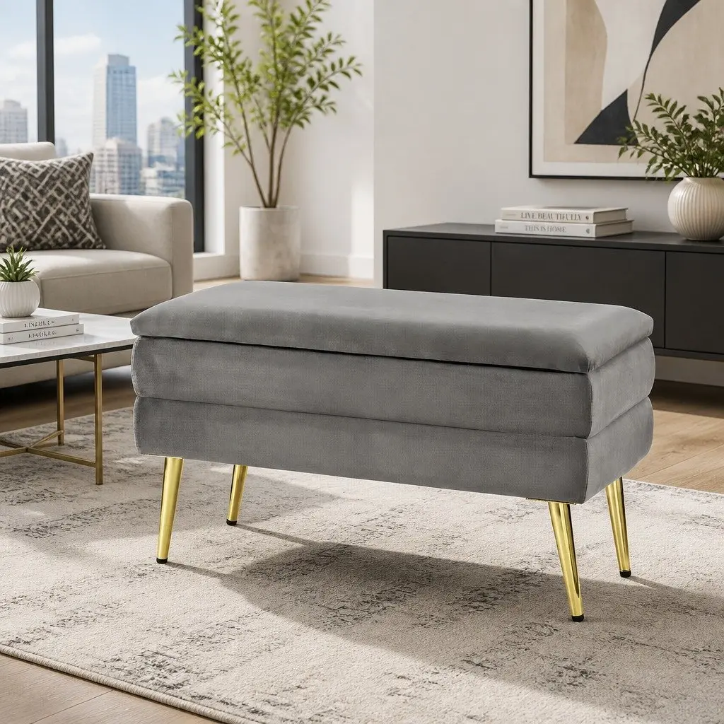 Storage Ottoman Grey Velvet Horizontal Stripe Hinged Lid Plywood Frame Metal Legs