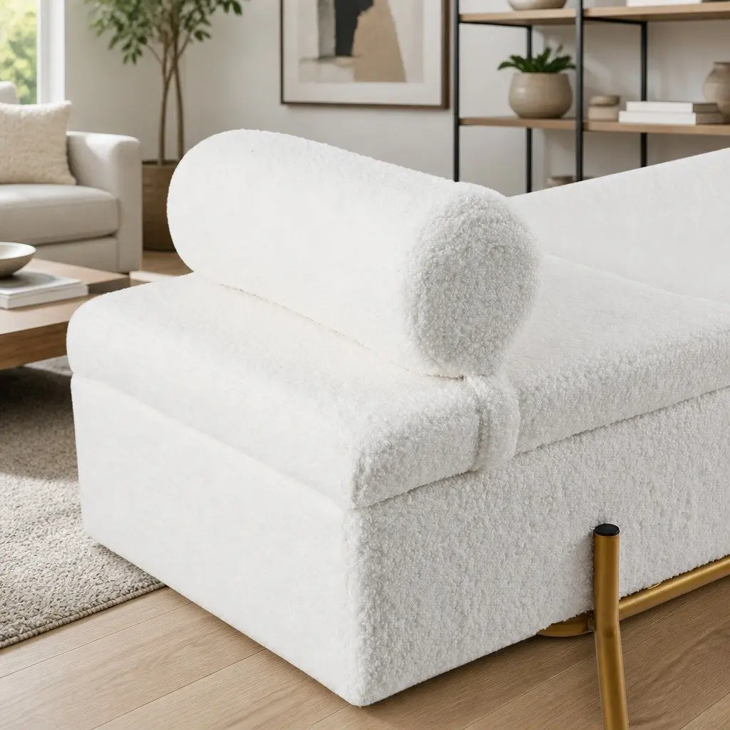Storage Ottoman White 140cm Boucle Fabric Detachable Pillow Hidden Compartment