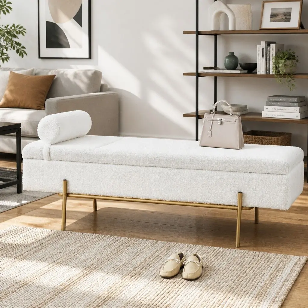 Storage Ottoman White 140cm Boucle Fabric Detachable Pillow Hidden Compartment