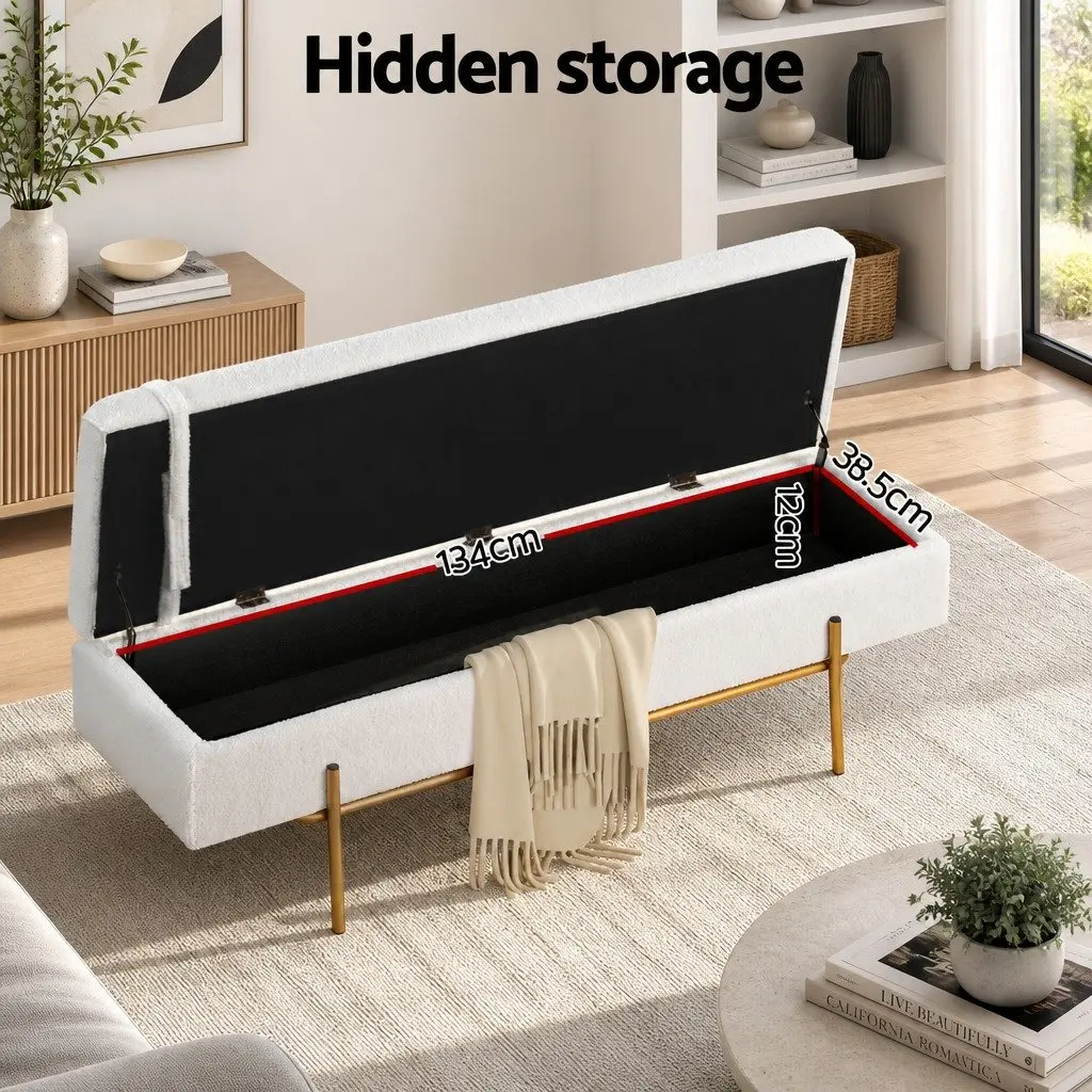 Storage Ottoman White 140cm Boucle Fabric Detachable Pillow Hidden Compartment