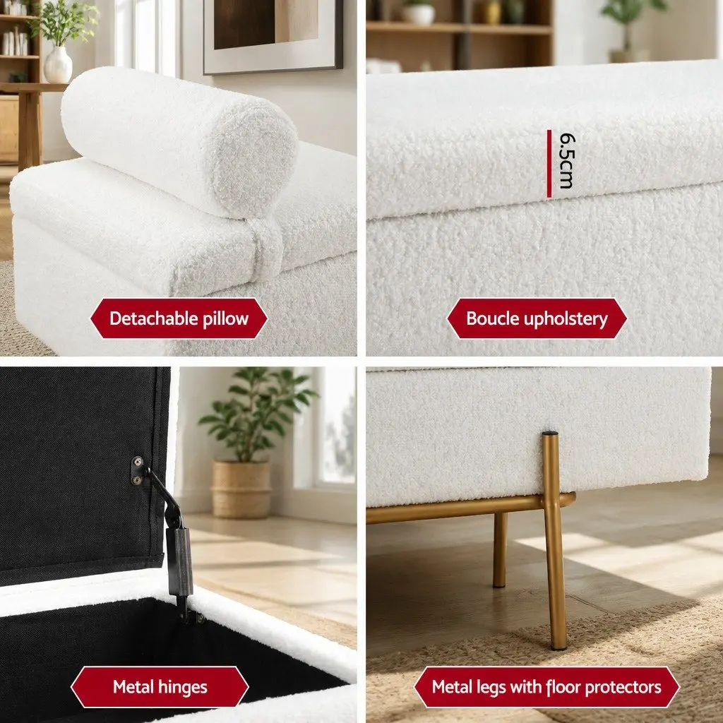 Storage Ottoman White 140cm Boucle Fabric Detachable Pillow Hidden Compartment