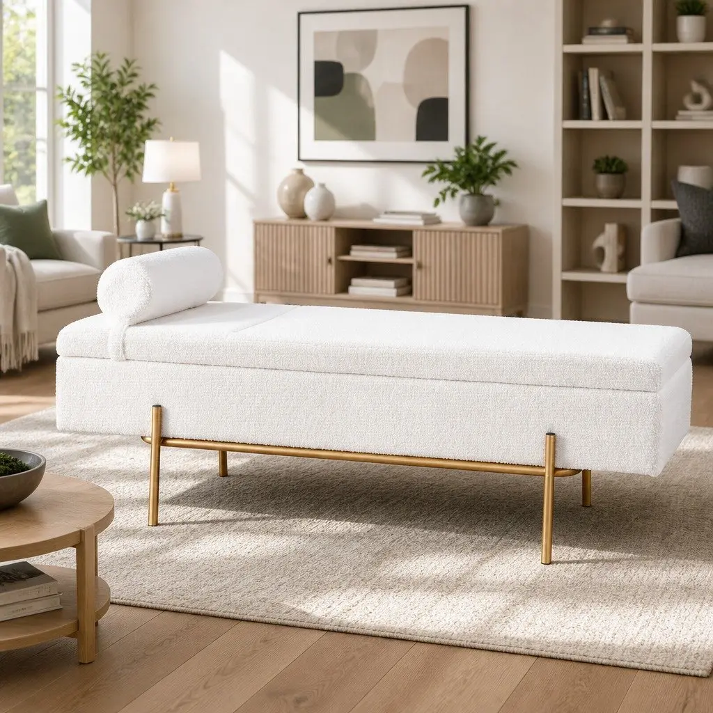 Storage Ottoman White 140cm Boucle Fabric Detachable Pillow Hidden Compartment