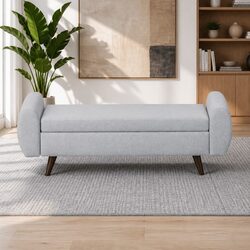 Storage Ottoman with Armrest 140cm Grey Upholstered Blanket Box Bedroom