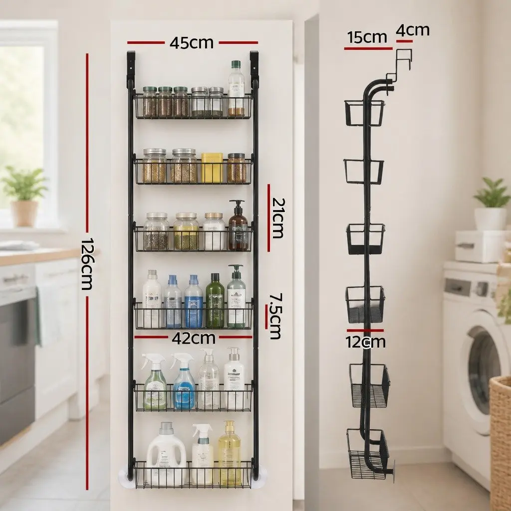 Over Door Storage Organiser Black 6-Tier Heavy-Duty Steel Frame Suction-Grip Base Set of 2