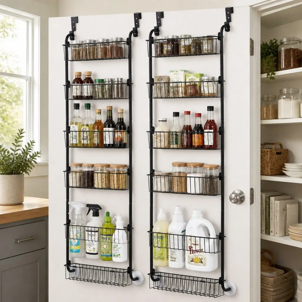 Over Door Storage Organiser Black 6-Tier Heavy-Duty Steel Frame Suction-Grip Base Set of 2