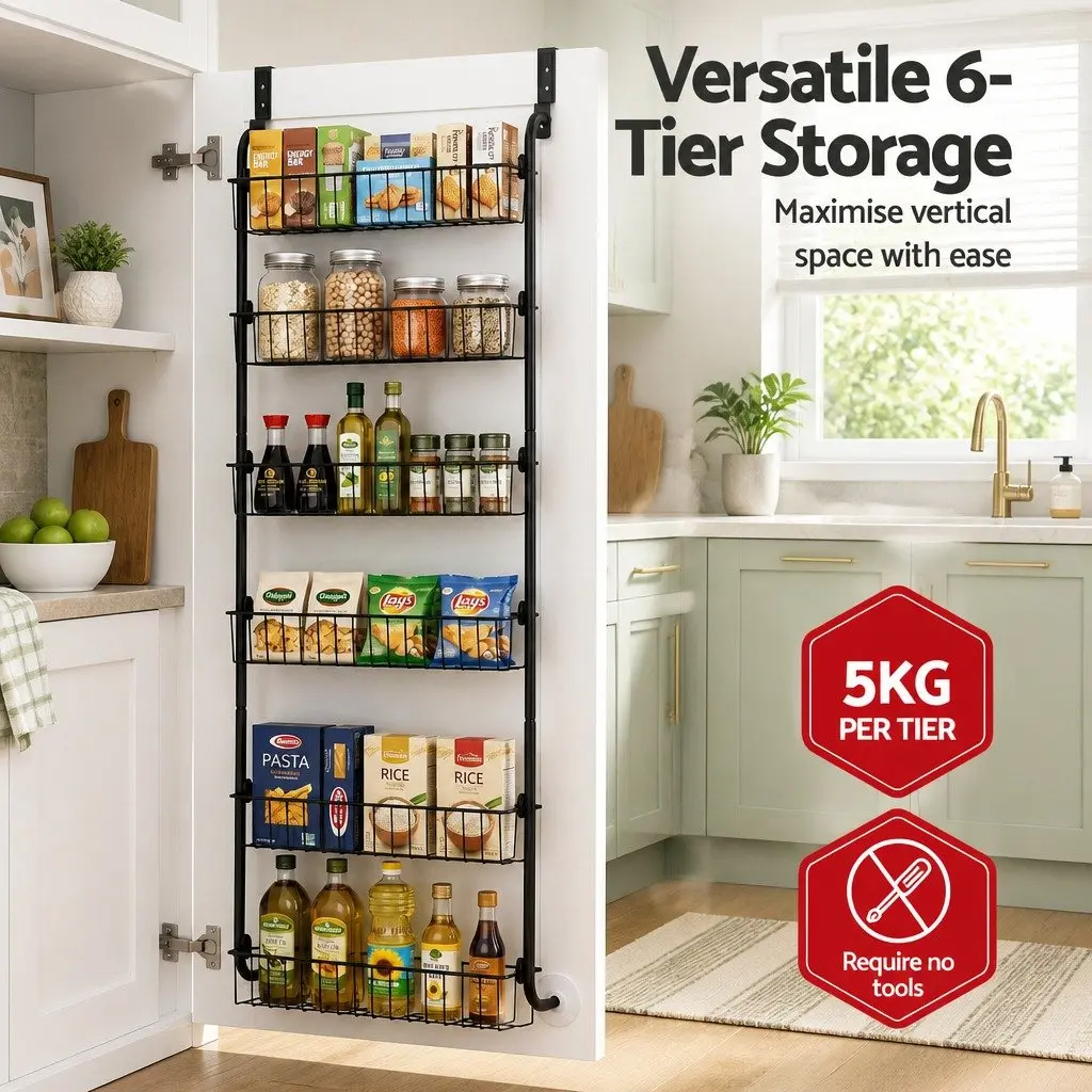 Over Door Storage Organiser Black 6-Tier Heavy-Duty Steel Frame Suction-Grip Base Set of 2