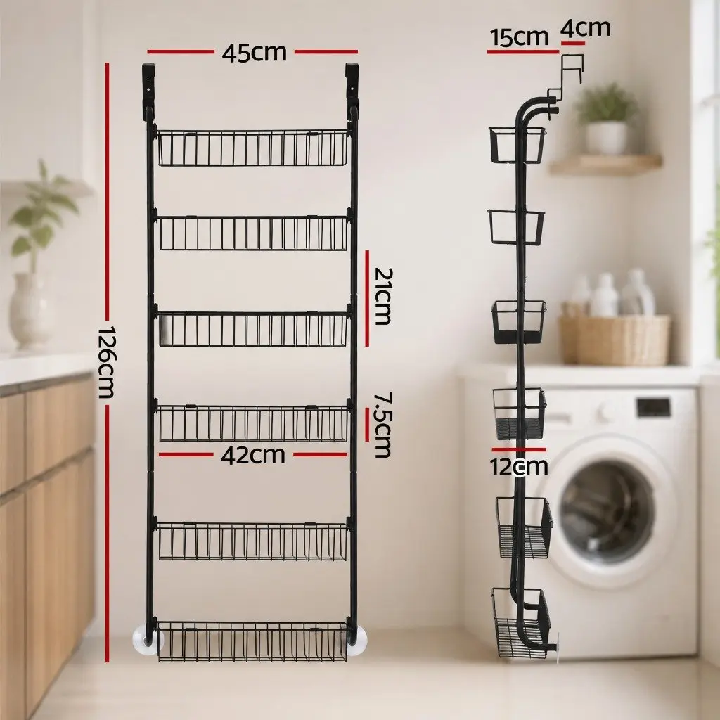 Over Door Storage Organiser 6-Tier Metal Hook Hanger Pantry Wall Rack Black