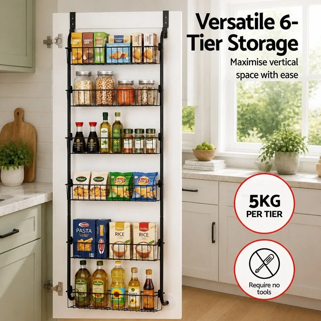 Over Door Storage Organiser 6-Tier Metal Hook Hanger Pantry Wall Rack Black