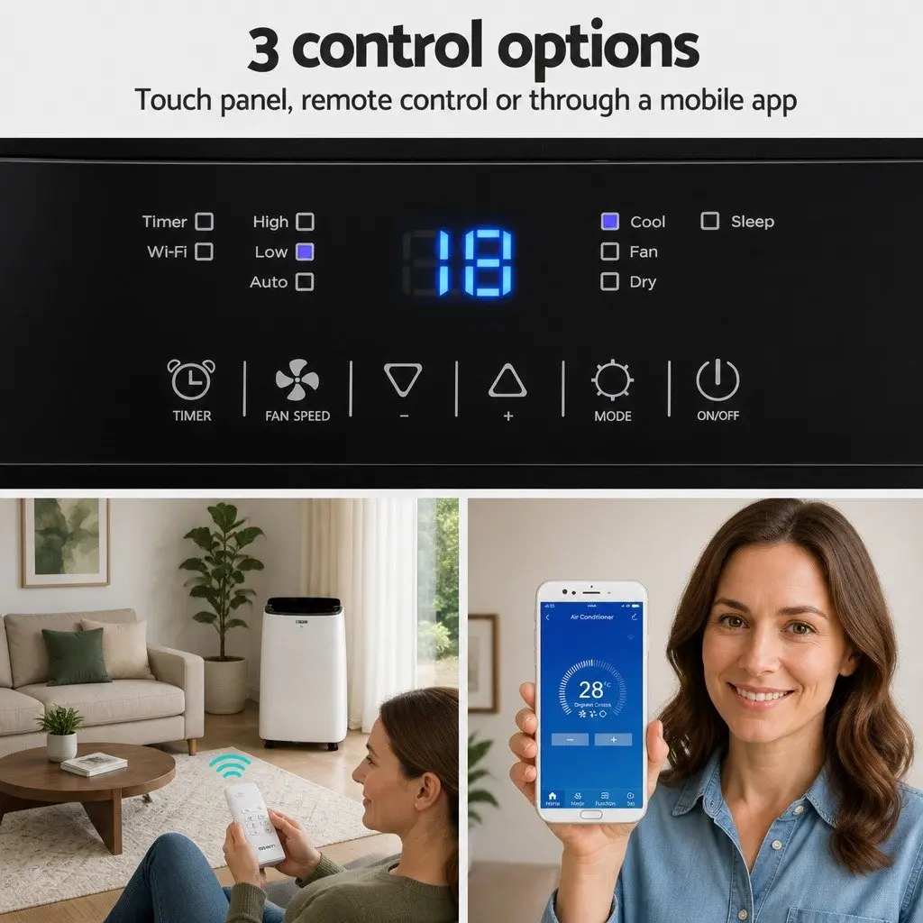 Portable Air Conditioner White 7000BTU WiFi Smart Remote Control 3-in-1 Cool Fan Dry Mode