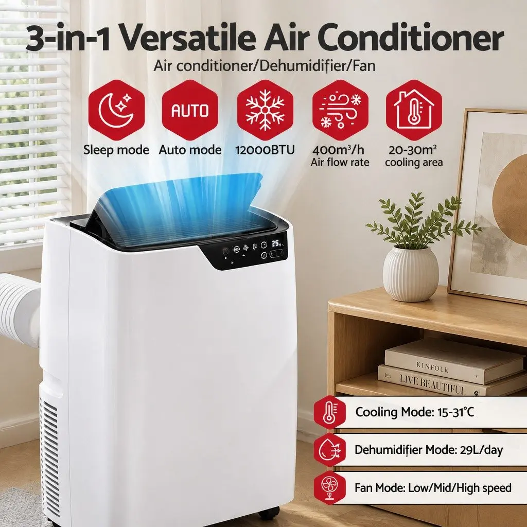 Portable Air Conditioner White 12000BTU 3-in-1 Dehumidifier Fan with Remote Control