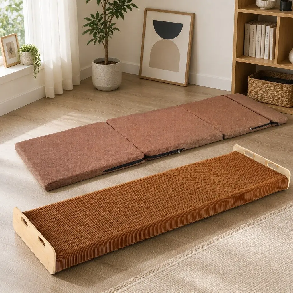 Folding Bed Frame Brown Single Multifunctional Kraft Paper 300kg Capacity