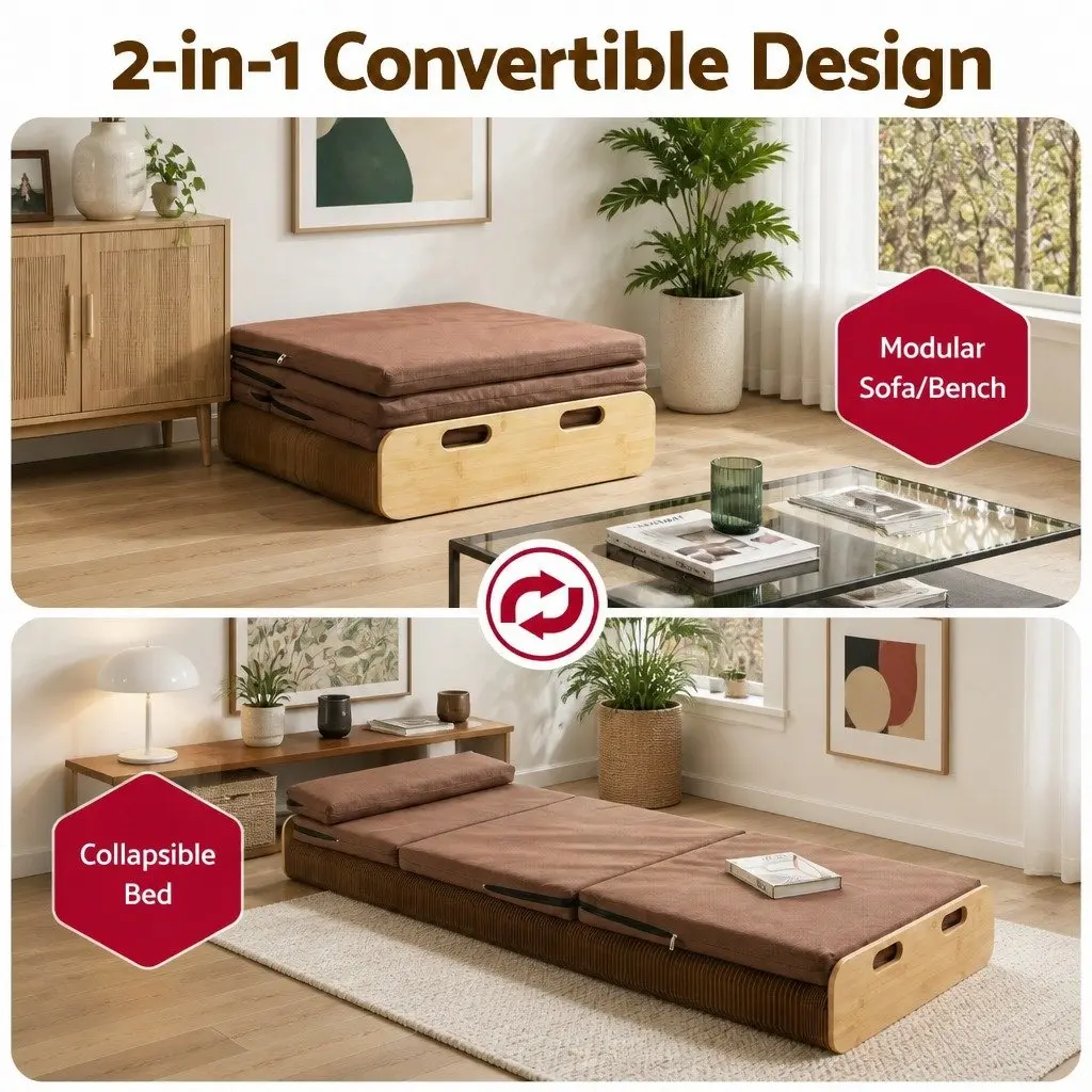 Folding Bed Frame Brown Single Multifunctional Kraft Paper 300kg Capacity