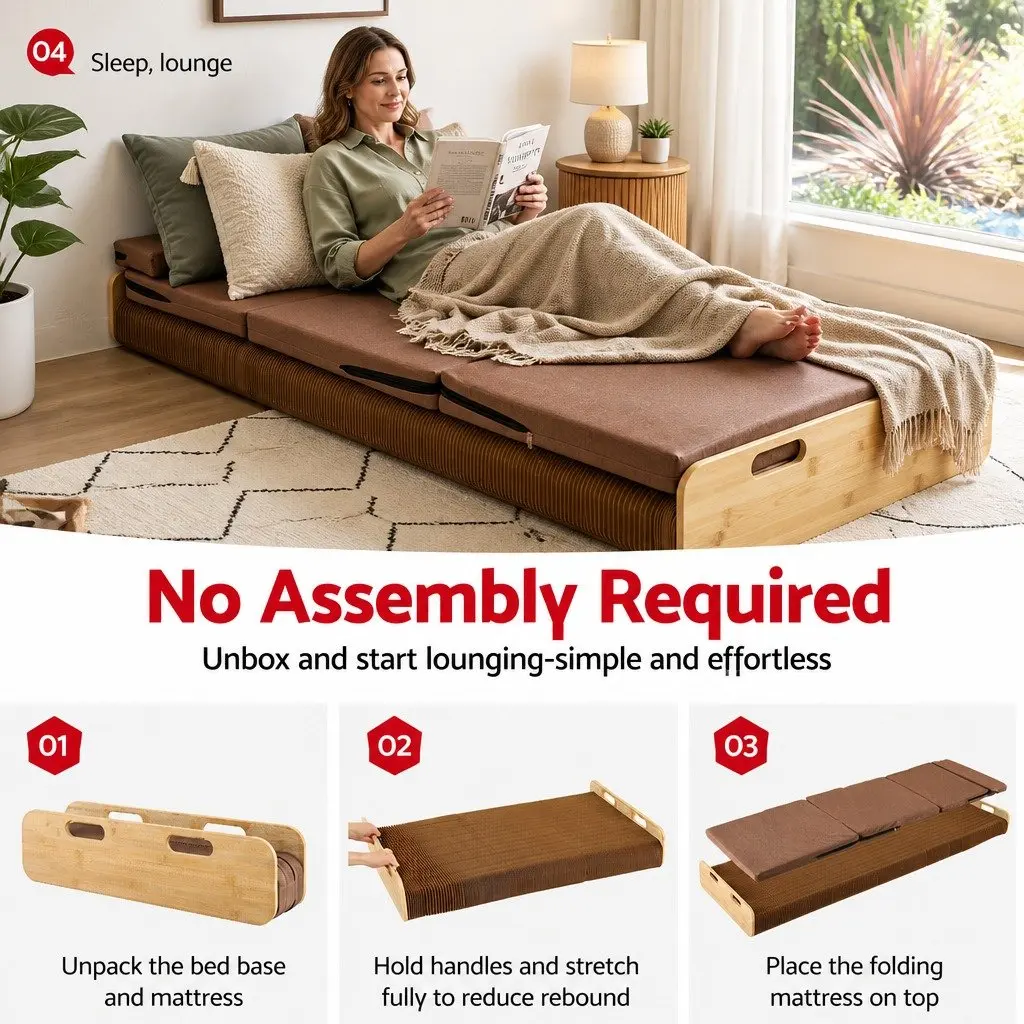 Folding Bed Frame Brown Single Multifunctional Kraft Paper 300kg Capacity