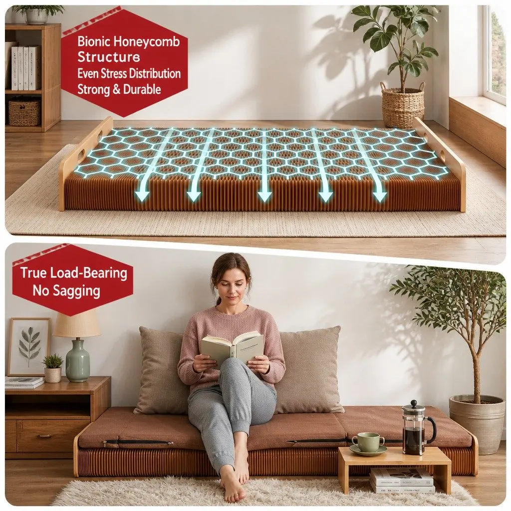 Folding Bed Frame Brown Single Multifunctional Kraft Paper 300kg Capacity