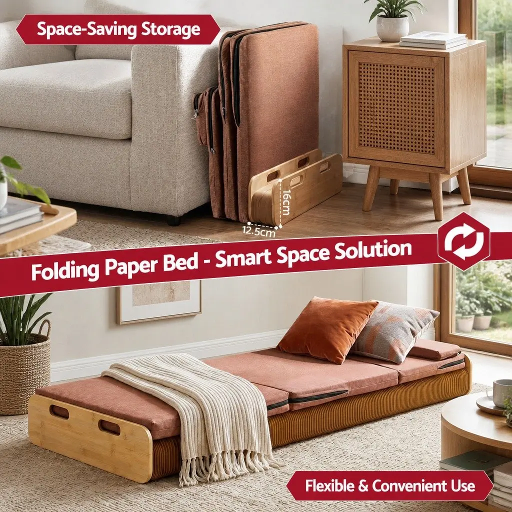 Folding Bed Frame Brown Single Multifunctional Kraft Paper 300kg Capacity