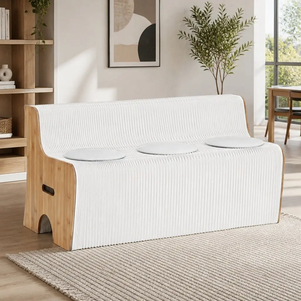 Folding Paper Sofa White 3 Seater Accordion Collapsible Couch with PU Cushions